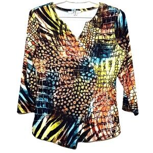 IQ Paris Womens Medium Studded Animal Print Top Asymmetrical 3/4 Sleeve